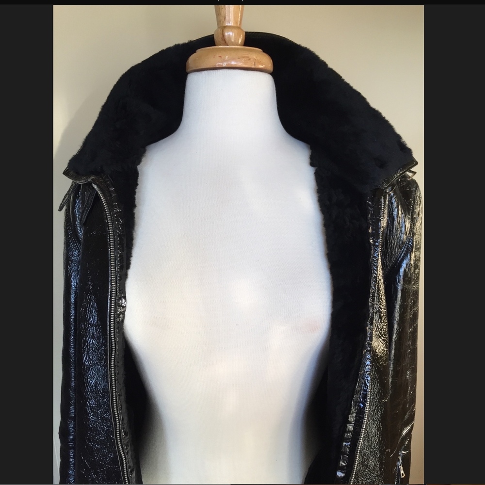 Patent Shearling Coat, Black